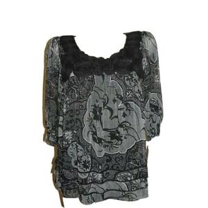 ECI New York Women‎ Black White Paisley Floral Rosette Puff Sleeve Blouse Size 4
